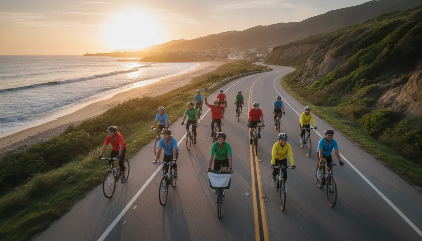 A cheerful team of friends on bicycles riding together along a scenic coastal road for a charity ride