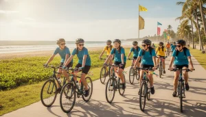 A group of teenagers riding bicycles together on a sunny path near the beach for a community charity fundraiser