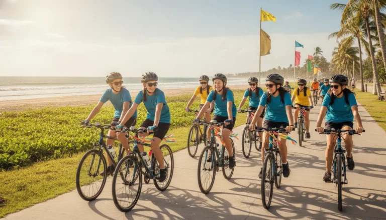 A group of teenagers riding bicycles together on a sunny path near the beach for a community charity fundraiser