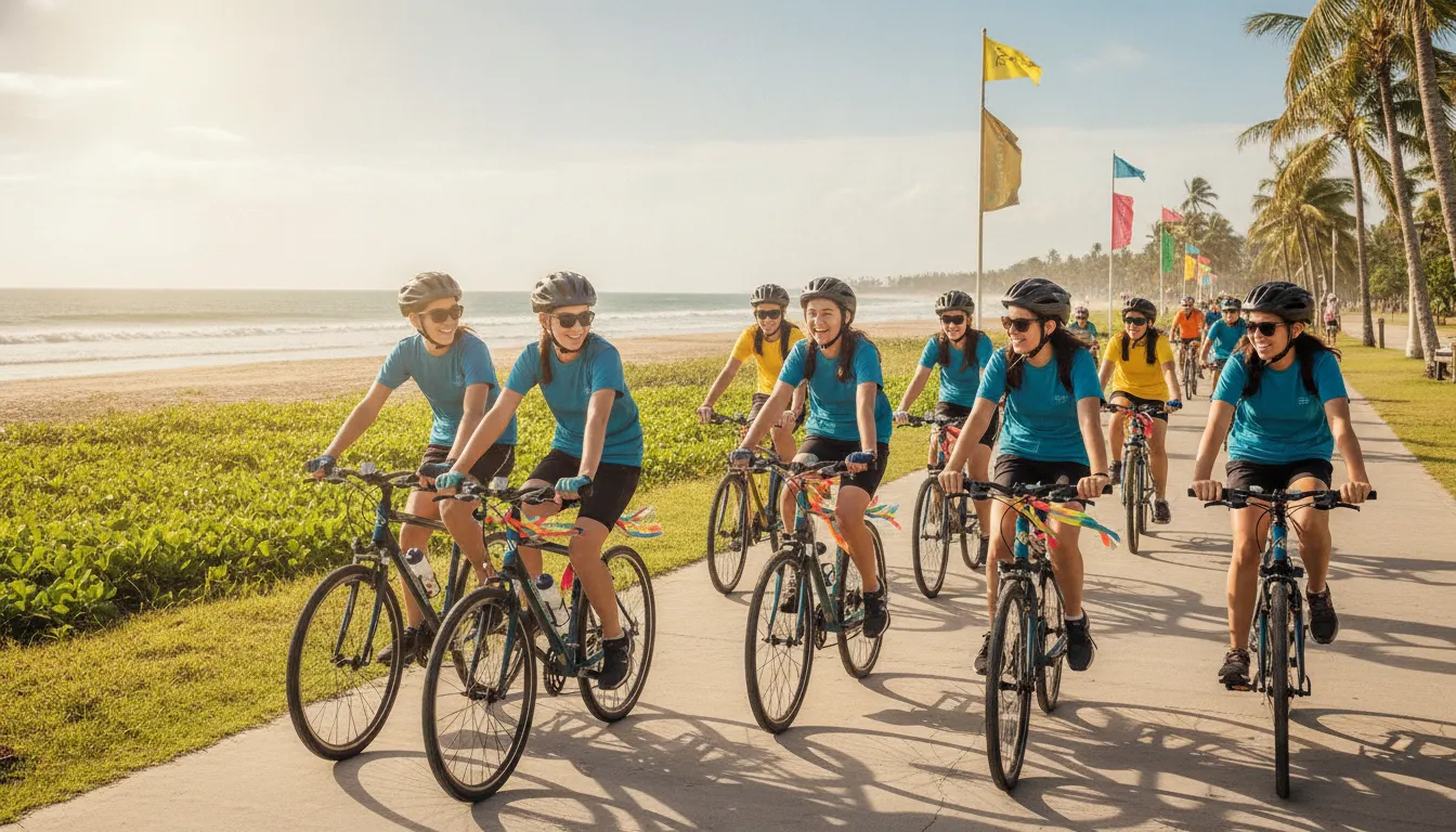 A group of teenagers riding bicycles together on a sunny path near the beach for a community charity fundraiser