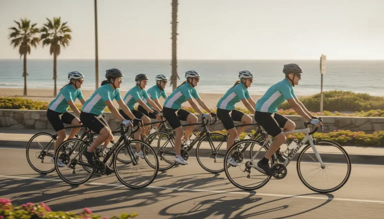 Office coworkers in matching athletic team jerseys cycling together along a sunny coastal road toward the beach