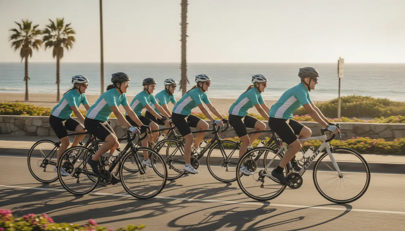 Office coworkers in matching athletic team jerseys cycling together along a sunny coastal road toward the beach