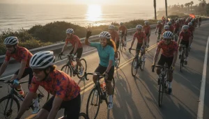 Diverse cyclists riding together on a sunny coastal road, advocating for community inclusion