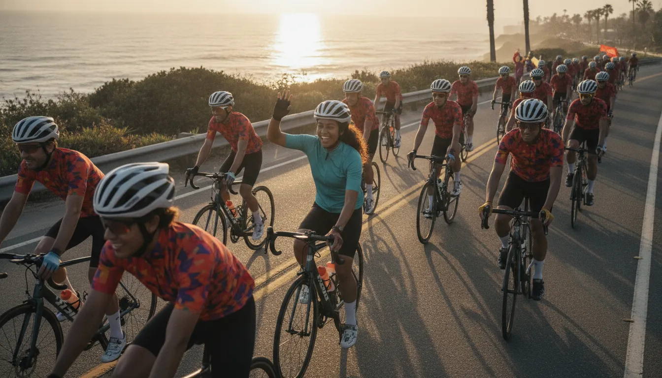 Diverse cyclists riding together on a sunny coastal road, advocating for community inclusion