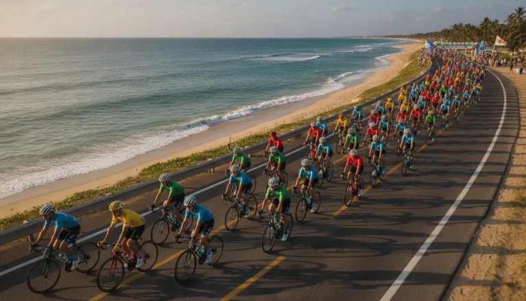 Cyclists in colorful jerseys riding a scenic coastal charity ride route in warm sunlight