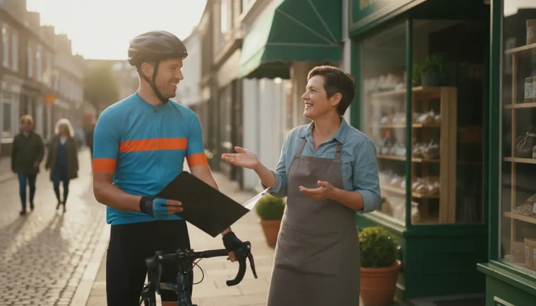 A charity cyclist talking with a friendly local shop owner about how to get sponsorship for a charity bike ride