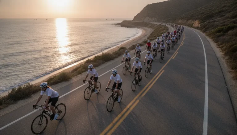 Group of cyclists riding a charity century ride together at sunrise along a scenic coastal road