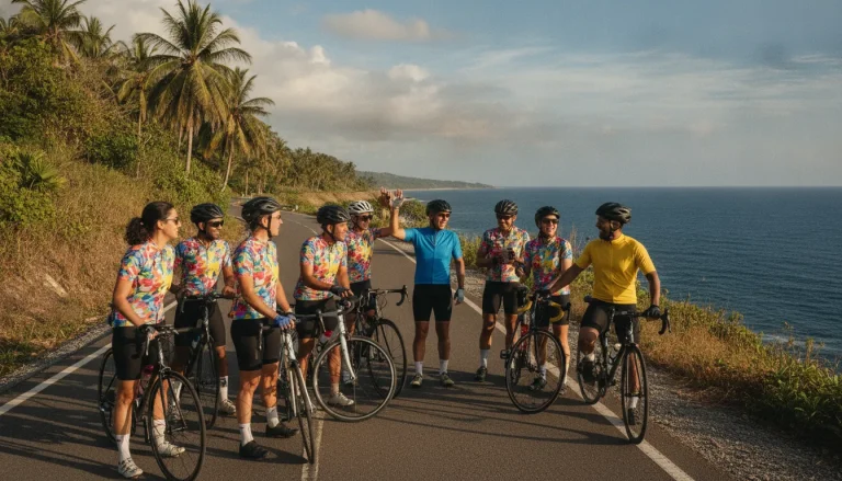 Diverse charity bike ride team gathering beside bicycles