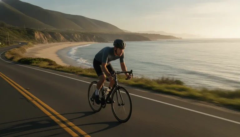 A professional cyclist training on a scenic open road to prepare for a charity bike ride event.