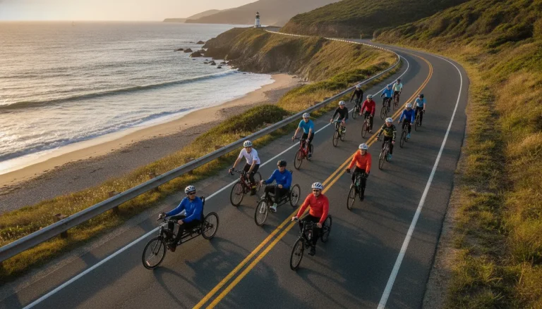 Cyclists of diverse abilities riding together on a scenic coastal road, including adaptive handcycles and recumbent trikes alongside traditional bikes