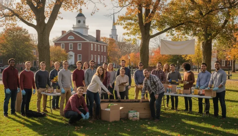 Diverse group of young professionals gathered outdoors at a community event, smiling and engaged, energetic atmosphere