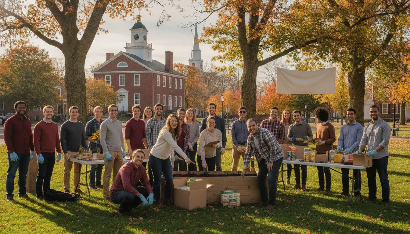 Diverse group of young professionals gathered outdoors at a community event, smiling and engaged, energetic atmosphere