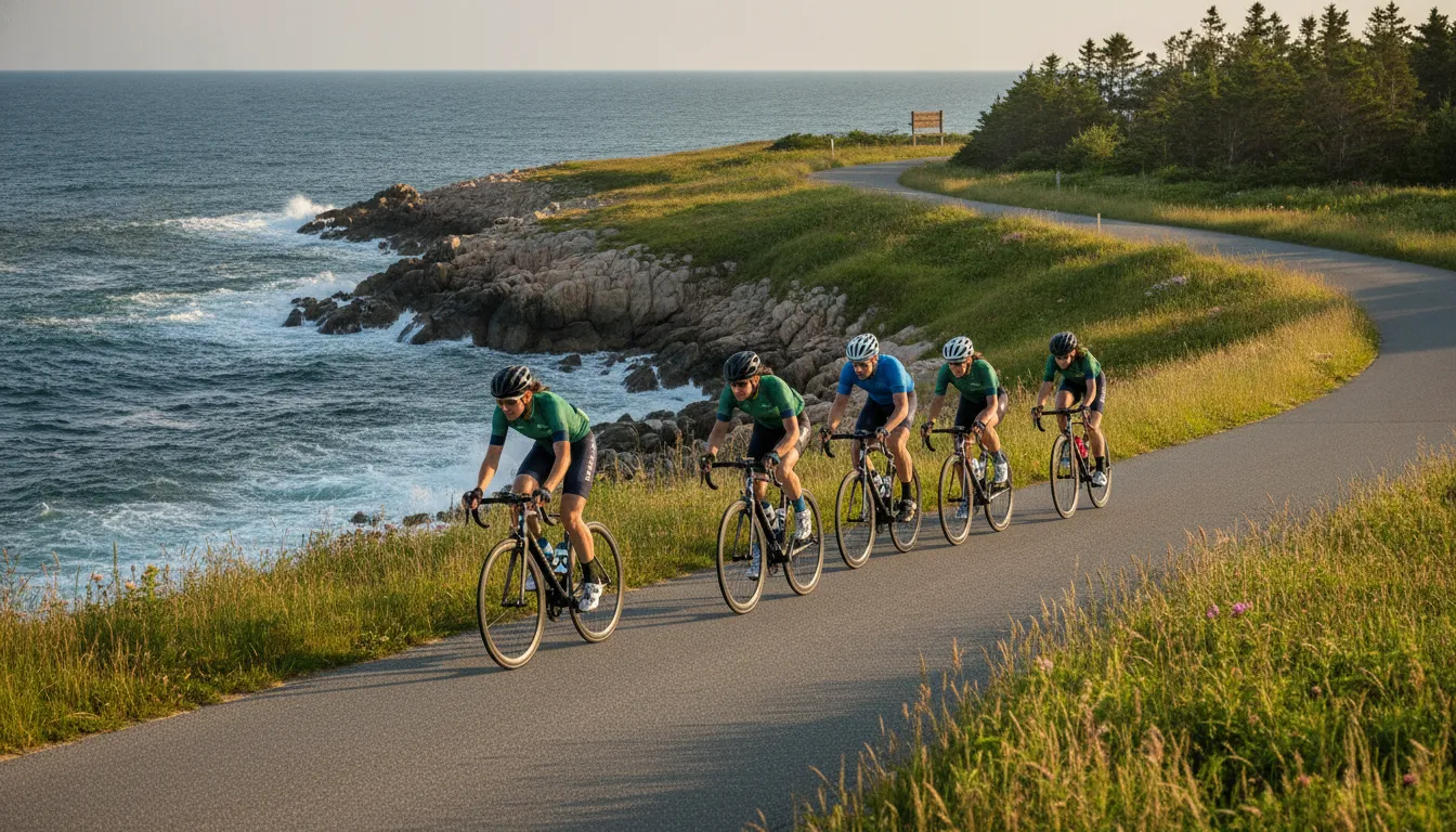 Cyclists training on a scenic coastal New England road along a sunny cape shore