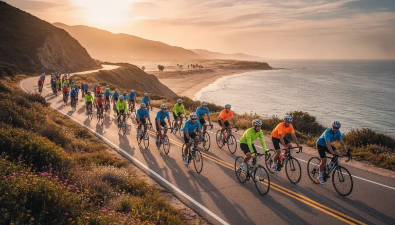 Cyclists riding a charity bike ride toward the beach at golden hour