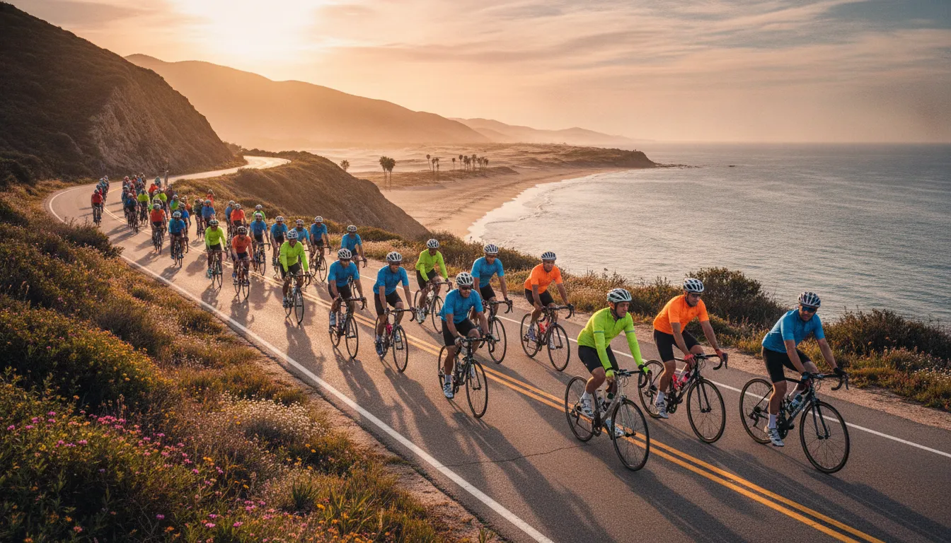 Cyclists riding a charity bike ride toward the beach at golden hour