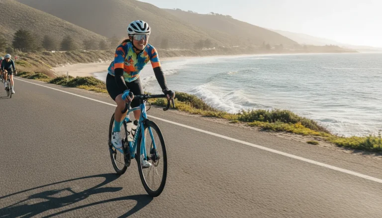 Beginner road cyclist training on a road bike along a scenic coastal route for a charity ride