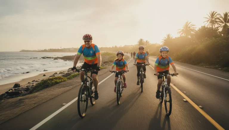 A family riding bicycles together on a sunny coastal road during a charity ride