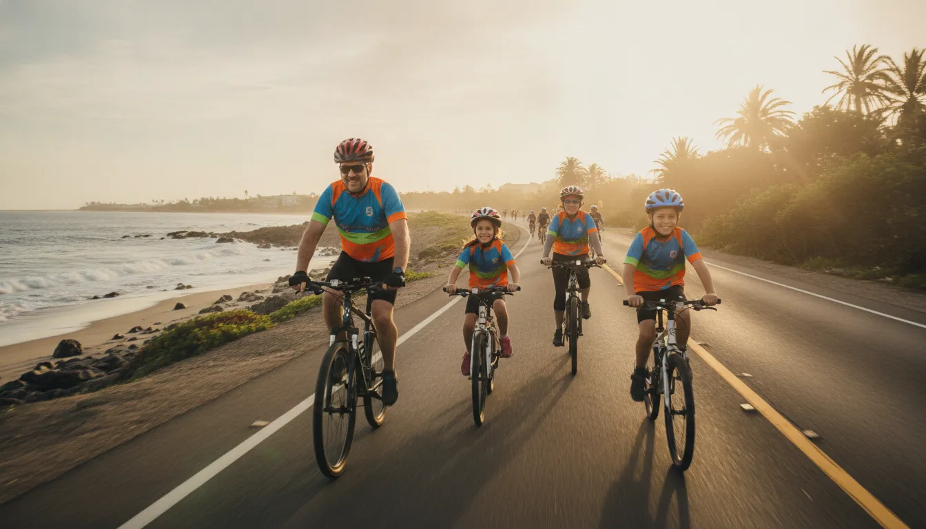 A family riding bicycles together on a sunny coastal road during a charity ride