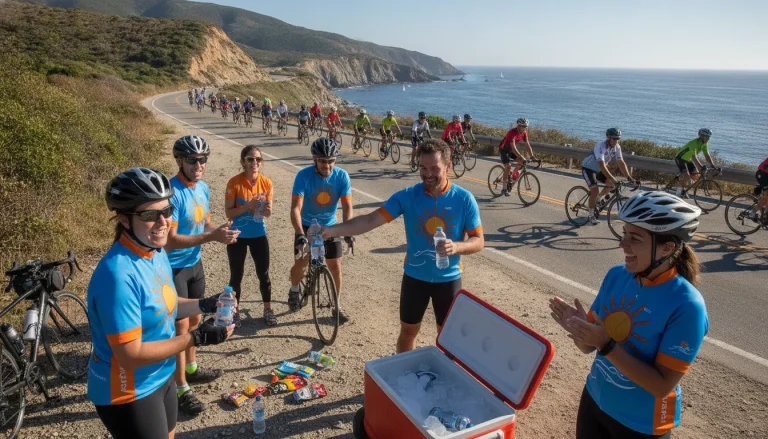 Bike to the Beach volunteers in bright jerseys cheering riders at a scenic charity cycling rest stop