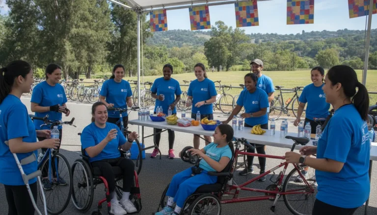 Volunteers and participants with all abilities together at a sunny charity bike ride