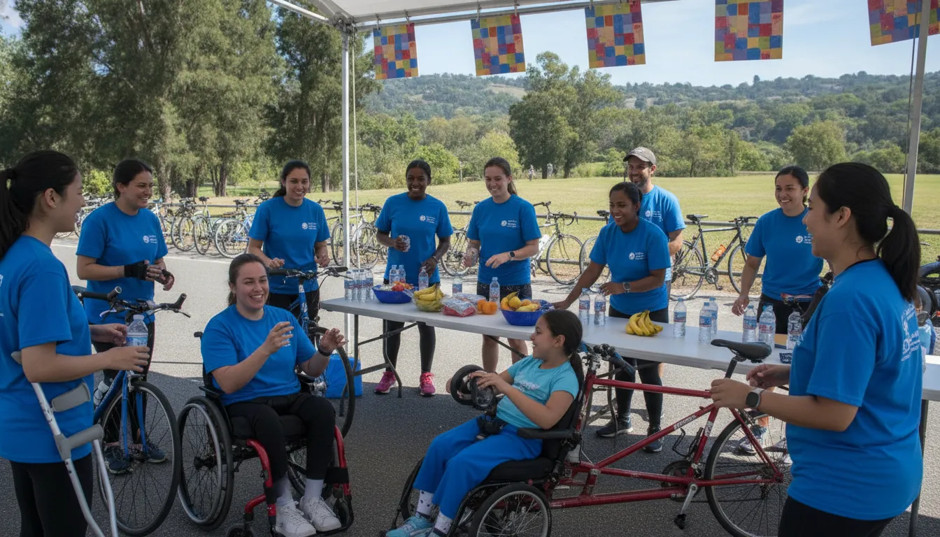 Volunteers and participants with all abilities together at a sunny charity bike ride