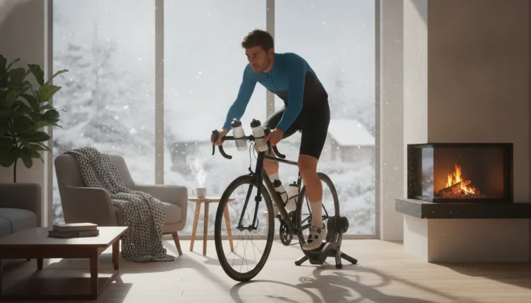 Cyclist training on an indoor smart trainer on a snowy winter morning
