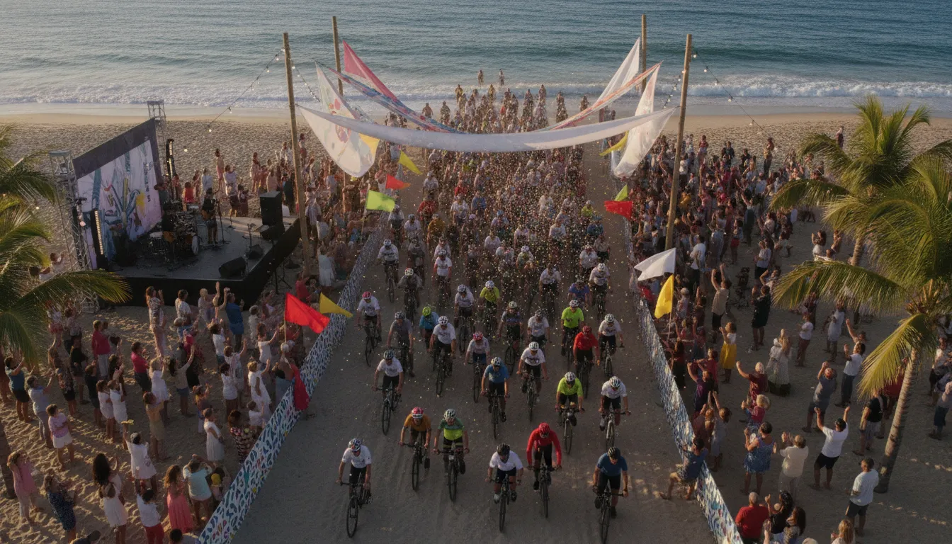 Cyclists crossing a finish line banner on a sunny beach with families cheering and celebrating by the ocean