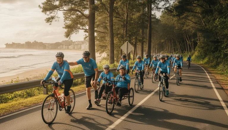 Diverse cyclists riding together on a sunny community route