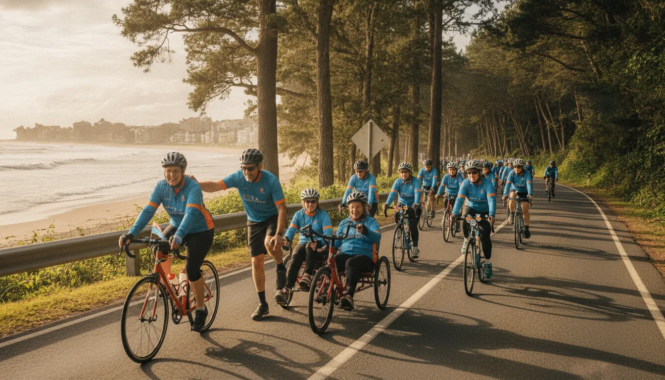 Diverse cyclists riding together on a sunny community route