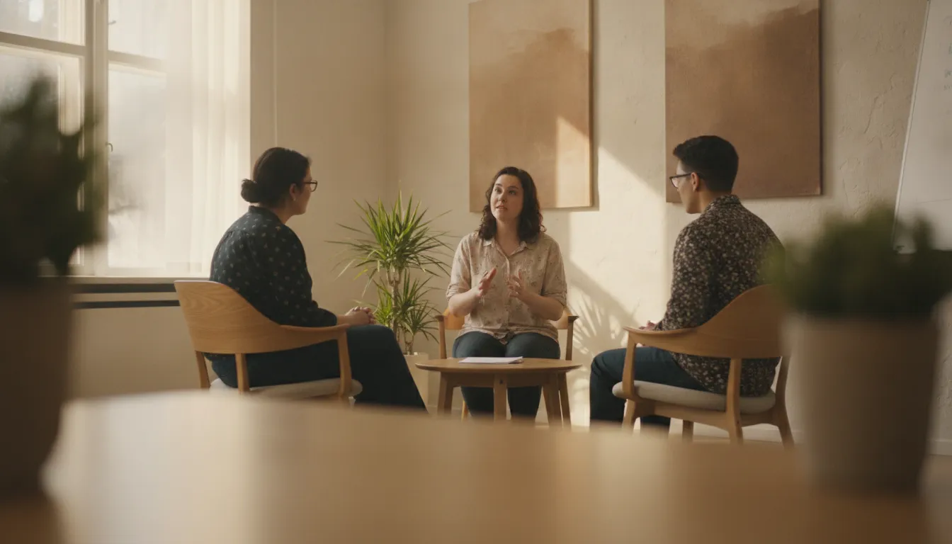 Colleagues collaborate in a calm, inclusive workplace setting