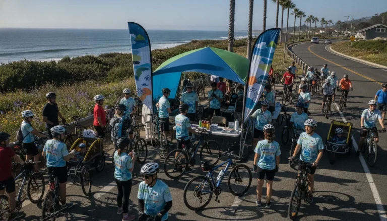 Families and cyclists gathering at a community charity ride