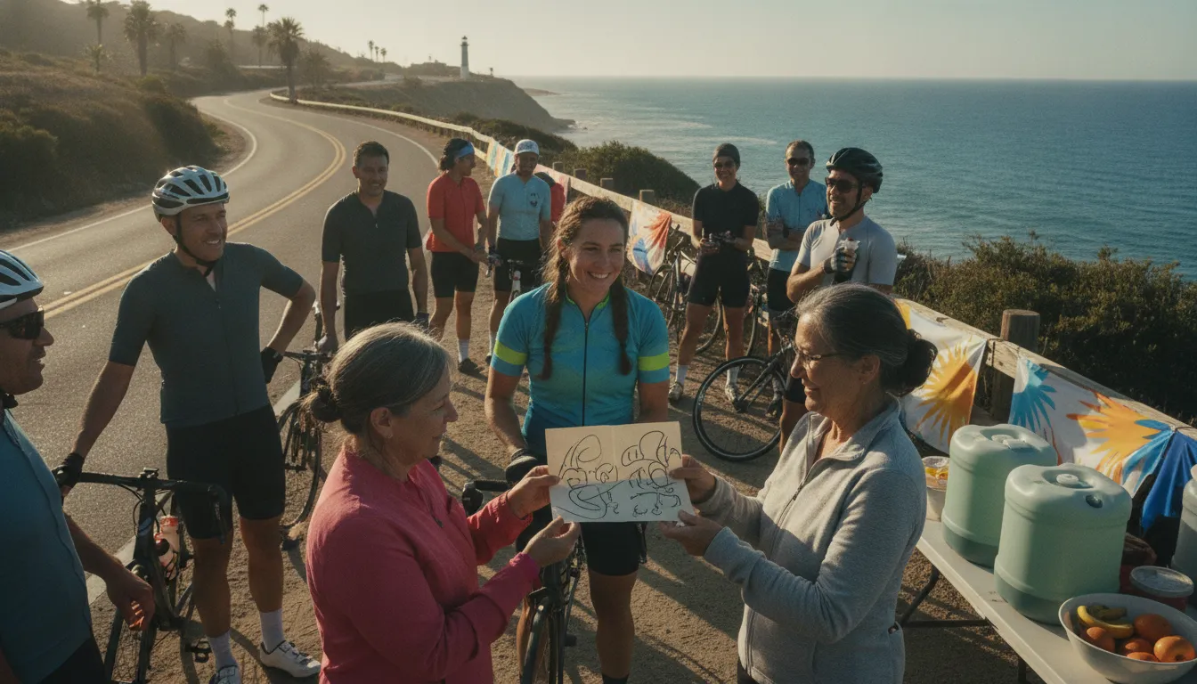Cyclists and community supporter sharing gratitude at a charity ride rest stop