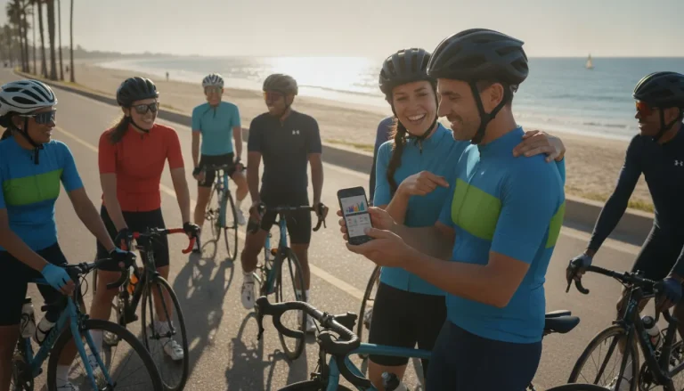 Charity bike ride team preparing a fundraising plan on a coastal route