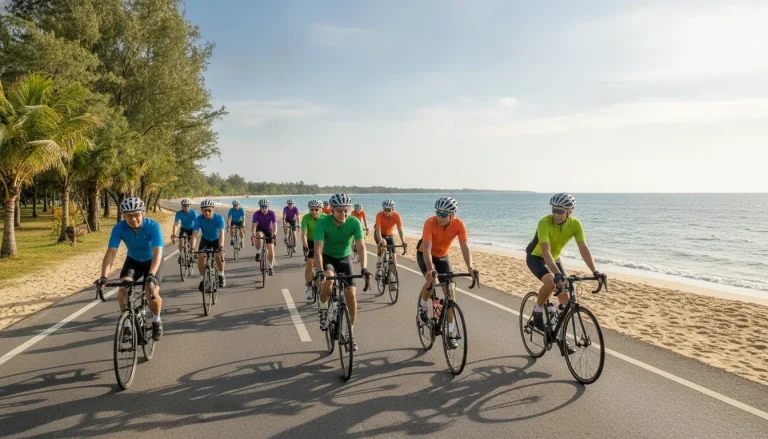 Cyclists riding together on a sunny coastal charity ride