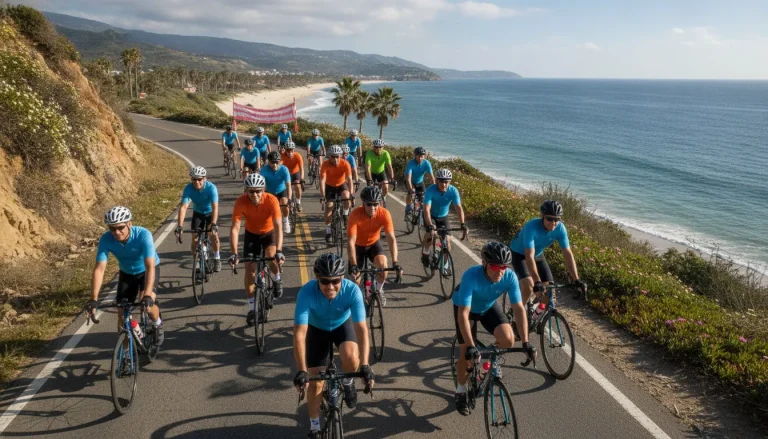 Charity bike ride team cycling together on a sunny coastal road