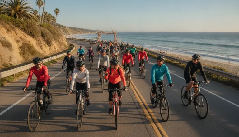 Community cyclists riding together toward a sunny beach finish