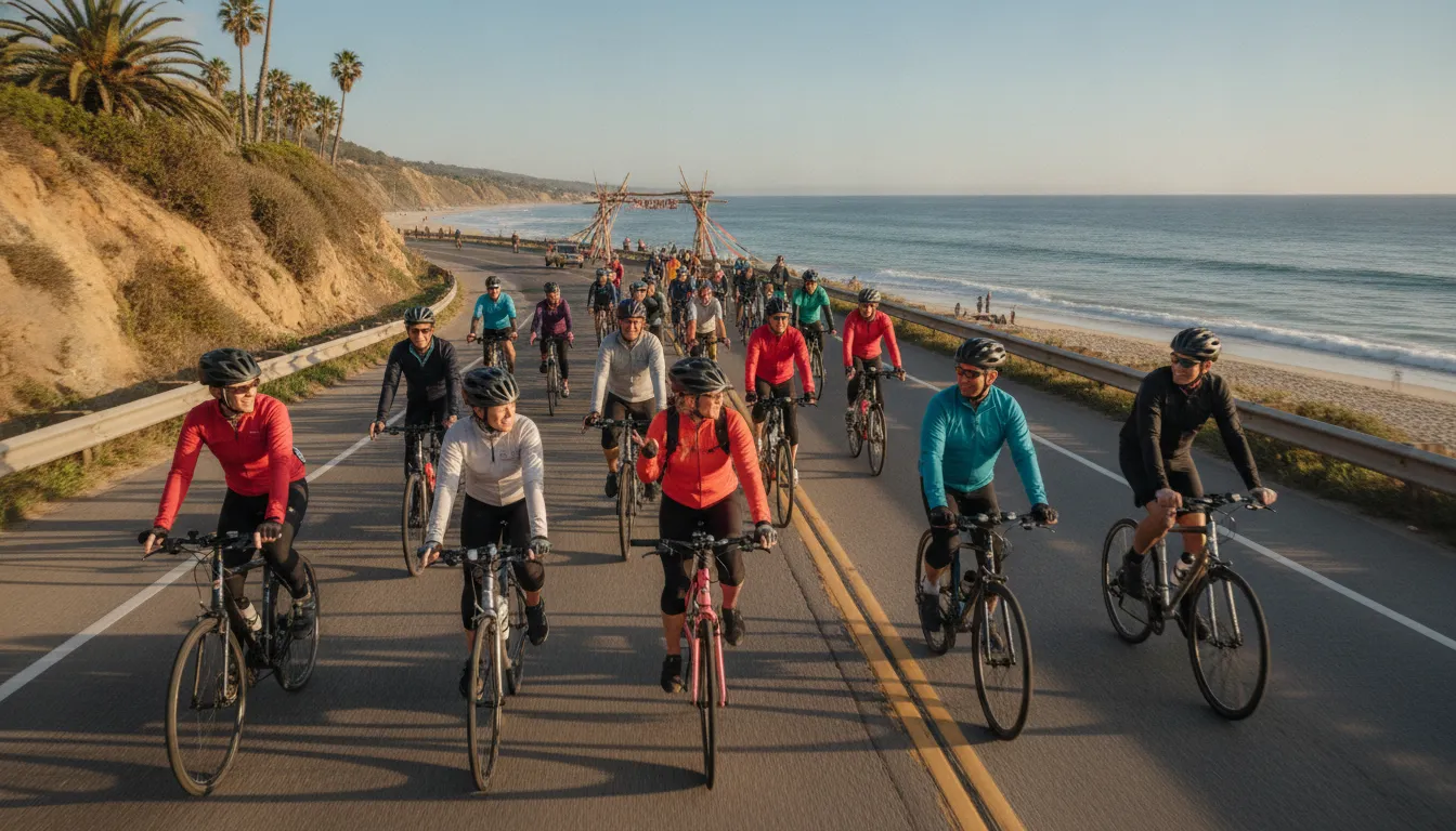 Community cyclists riding together toward a sunny beach finish