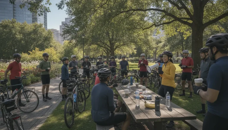 Charity bike ride team gathering outdoors before a community ride