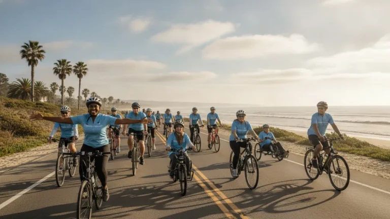 Corporate team and community cyclists riding together during a local charity bike ride