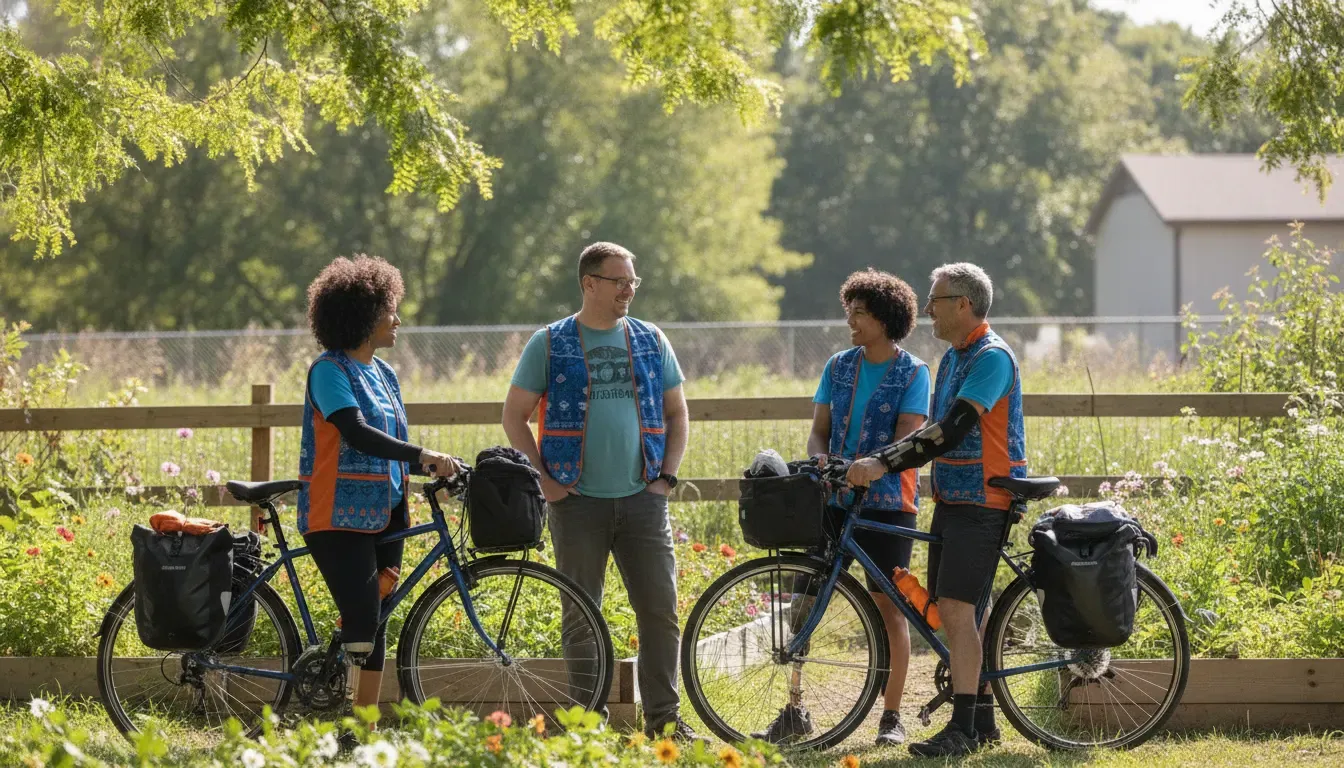 Nonprofit partners and cyclists discussing local impact during donor stewardship
