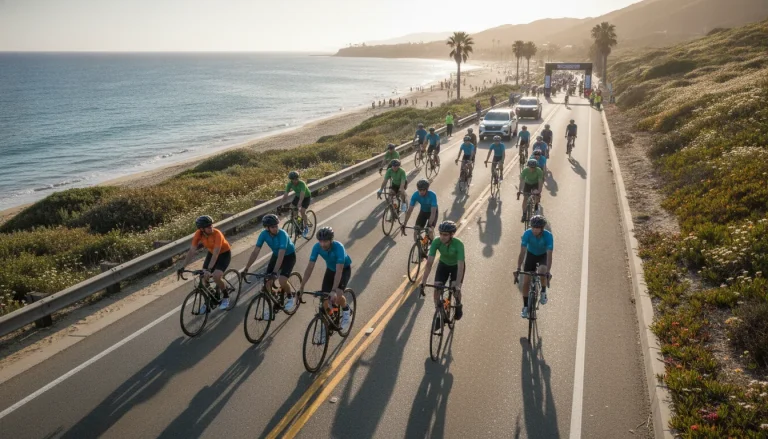Employee resource group cyclists supporting one another on a community charity ride