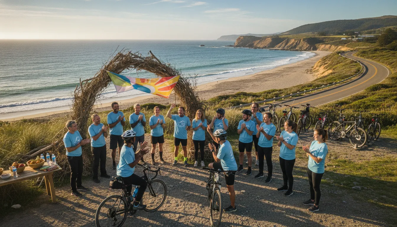 Charity bike ride volunteers celebrating together at a scenic outdoor finish