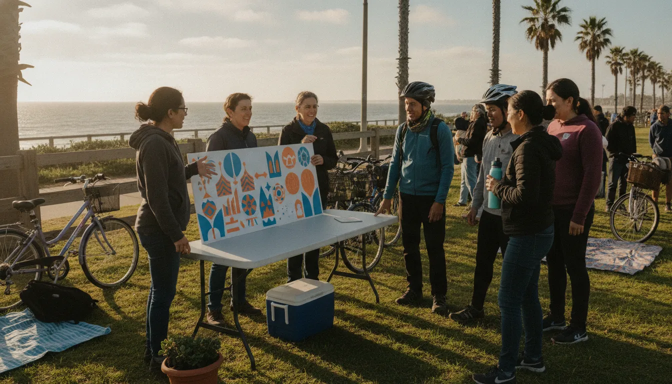 Nonprofit leaders and cyclists sharing community impact