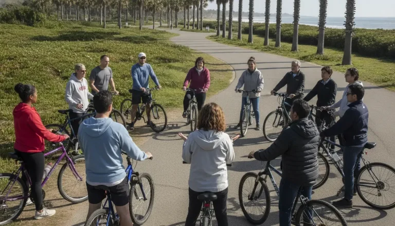 Cyclists listening to a local community leader during a charity bike ride