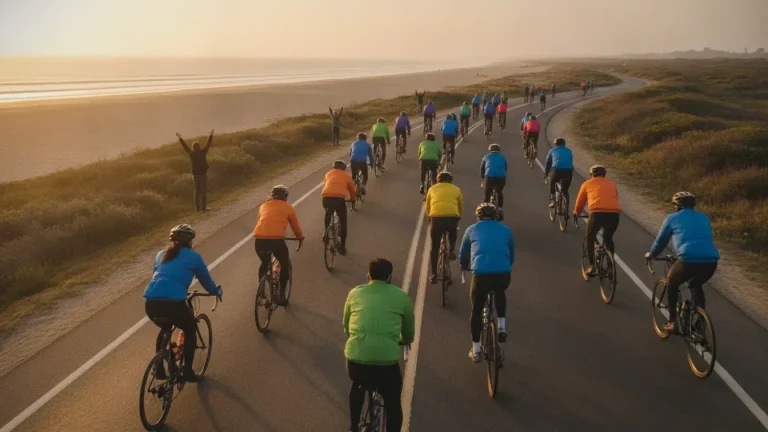 Cyclists riding together toward a beach finish during a community charity bike ride