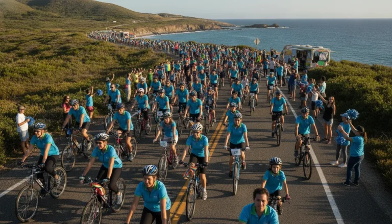 Community cyclists and nonprofit supporters riding together on a sunny coastal road