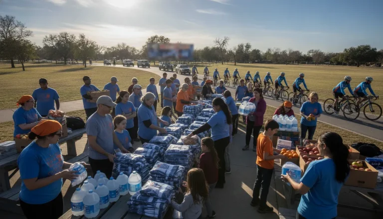 Volunteers working together at a community cycling event