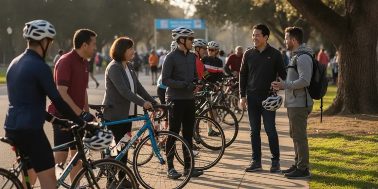 Nonprofit and business partners speaking with community members at a charity cycling event