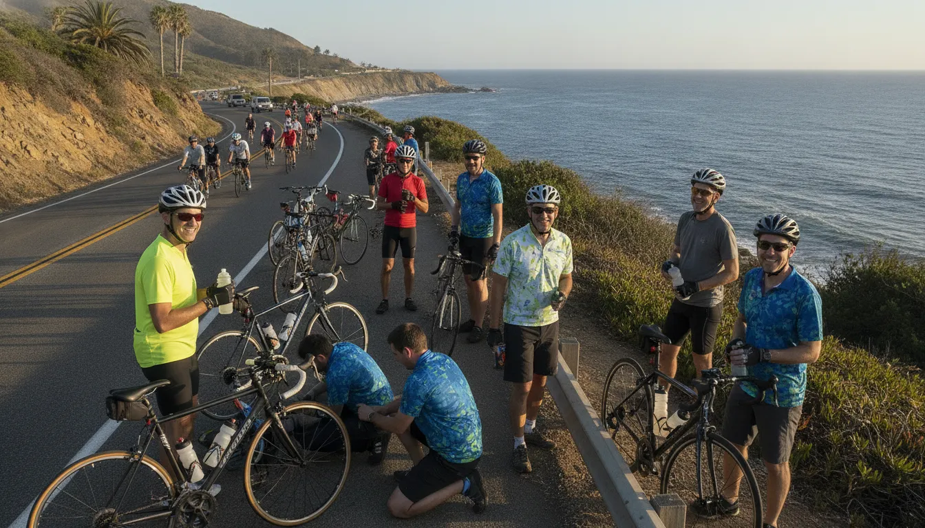 Employees and volunteers supporting a community charity bike ride