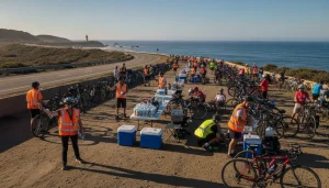 Volunteers coordinating a community cycling event at a coastal rest stop